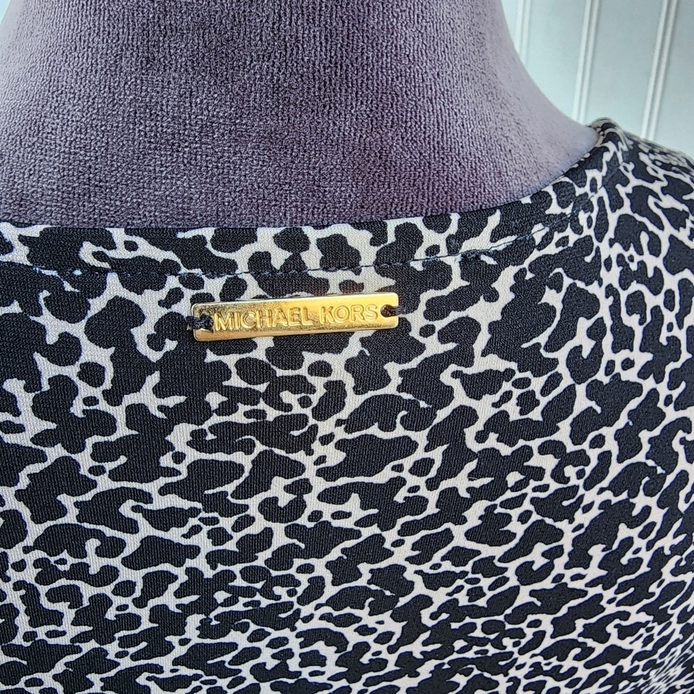 MICHAEL Michael Kors Black Beige Print Tie Faux Wrap Dress Ruffle Short Sleeve L - Picture 8 of 13